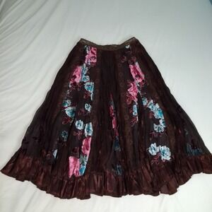 Womens Euro Brown Floral Skirt Sz M Whimsigoth Fairy Silk Blend Velvet Burnout